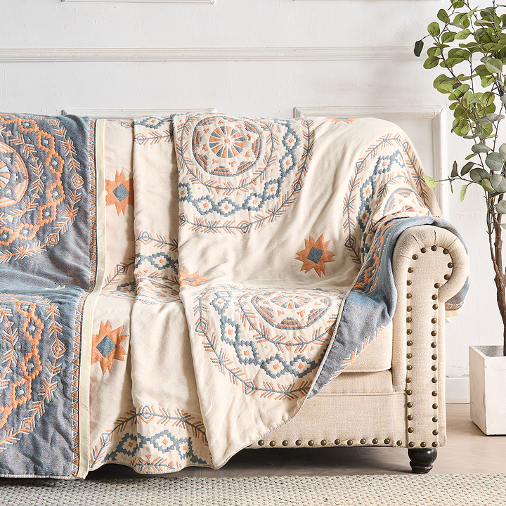 Mandala Cotton Throw Blanket 150x200 cm &amp; 200x230 cm | Boho Print Design | Machine Washable, Multi-Purpose Use