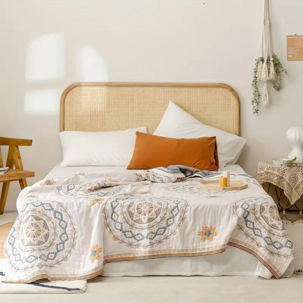 Mandala Cotton Throw Blanket 150x200 cm & 200x230 cm | Boho Print Design | Machine Washable, Multi-Purpose Use