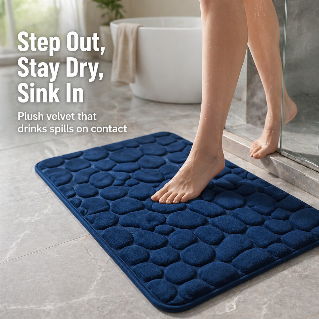 Memory Foam Bath Mat with Cobblestone Textured Coral Velvet | Non-Slip Grip Backing | Quick-Drying Cushioned Comfort
