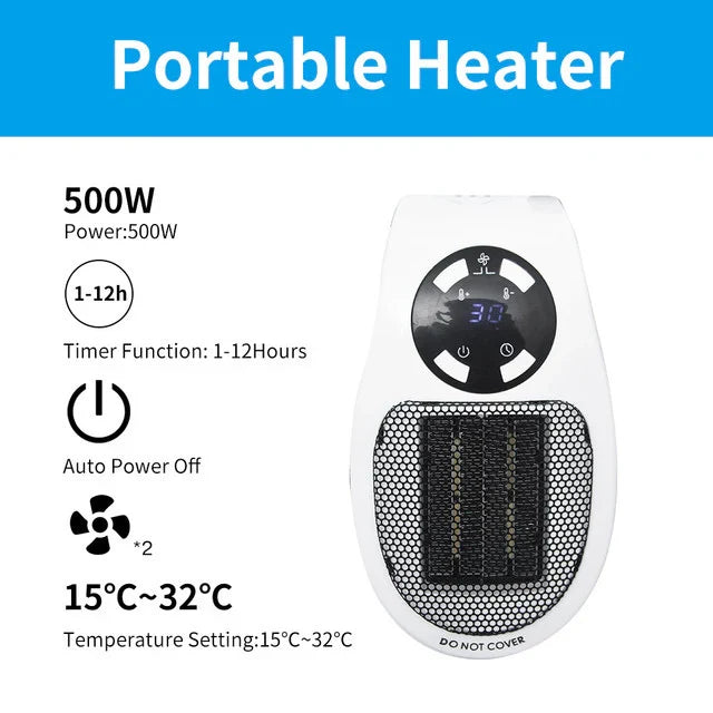 Mini Portable Electric Heater 500W | 12-Hour Timer &amp; Remote Control | Adjustable 15-32°C Temperature Range Settings