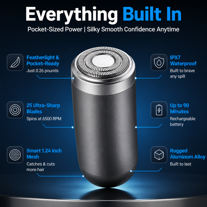 Mini Shaver for Men | 25-Blade Head, 6500 RPM, IPX7 Waterproof | 90-Minute Battery, USB-C Fast Charging, Aluminium Alloy Body