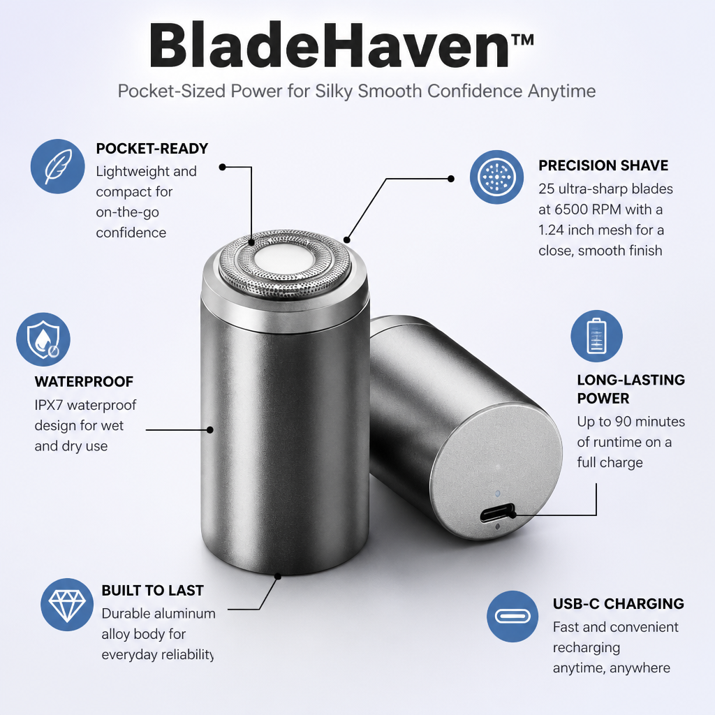 Mini Shaver for Men | 25-Blade Head, 6500 RPM, IPX7 Waterproof | 90-Minute Battery, USB-C Fast Charging, Aluminium Alloy Body