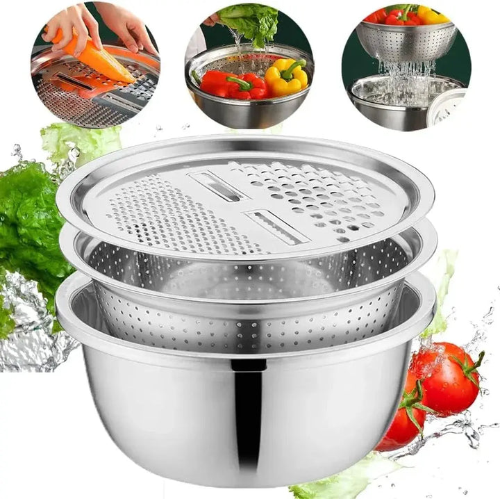 Mixing Bowl Set Stainless Steel 3-Piece | Grater and Sieve Included | Compact Stacking Design for Kitchen Storage