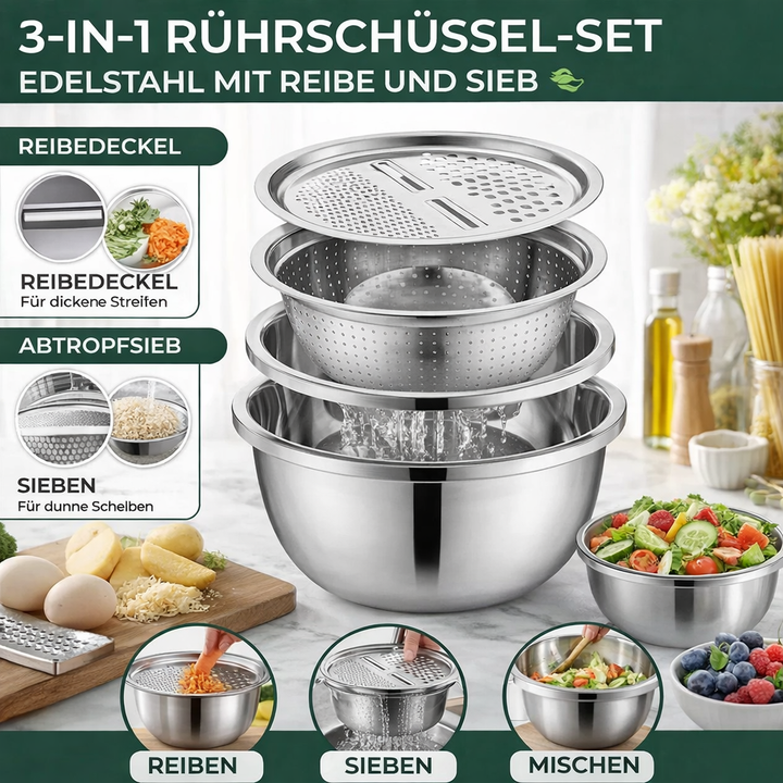 Mixing Bowl Set Stainless Steel 3-Piece | Grater and Sieve Included | Compact Stacking Design for Kitchen Storage