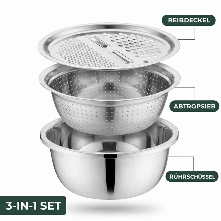 Mixing Bowl Set Stainless Steel 3-Piece | Grater and Sieve Included | Compact Stacking Design for Kitchen Storage