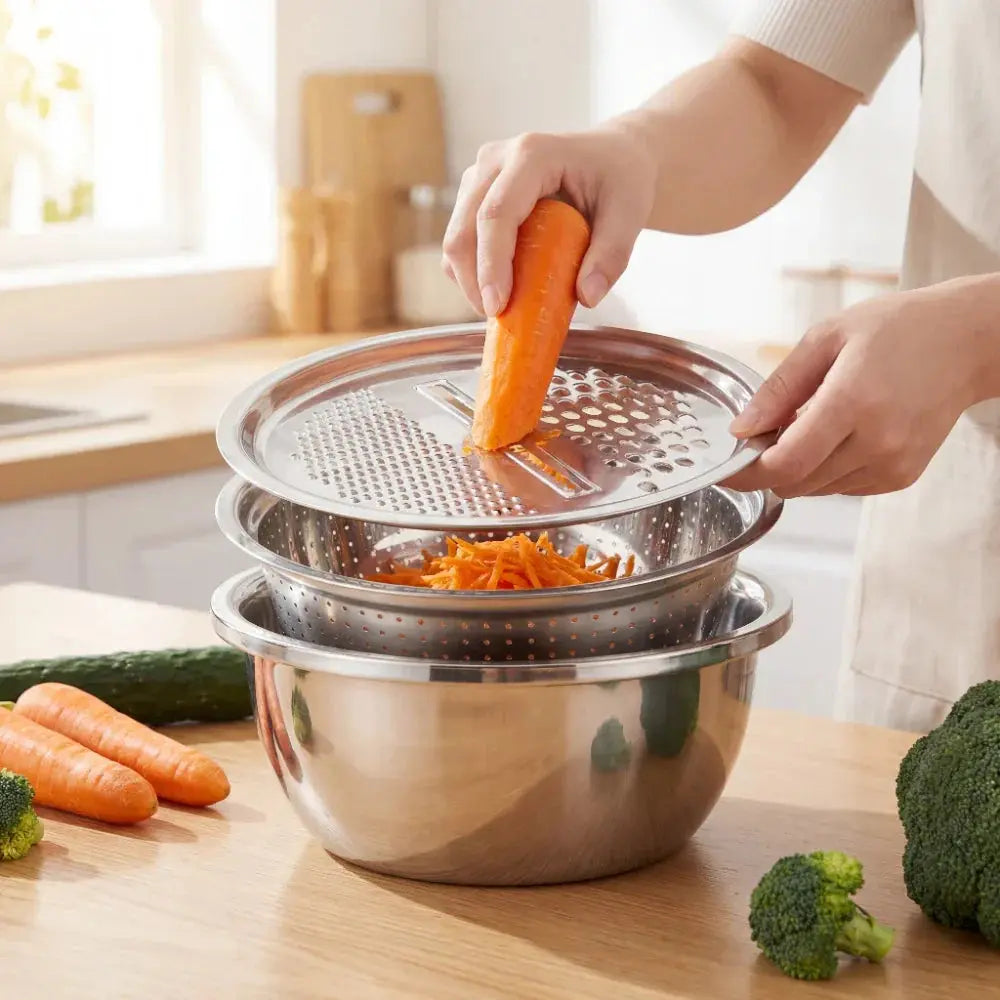 Mixing Bowl Set Stainless Steel 3-Piece | Grater and Sieve Included | Compact Stacking Design for Kitchen Storage
