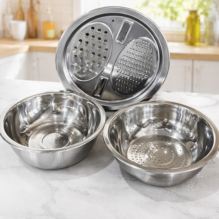 Mixing Bowl Set Stainless Steel 3-Piece | Grater and Sieve Included | Compact Stacking Design for Kitchen Storage