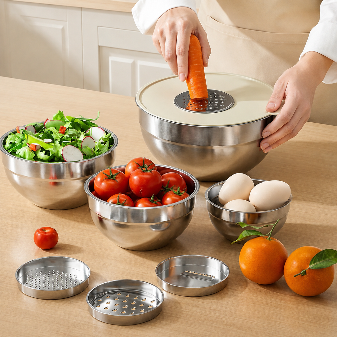 Mixing Bowl Set Stainless Steel Stackable Airtight with Grater Attachments