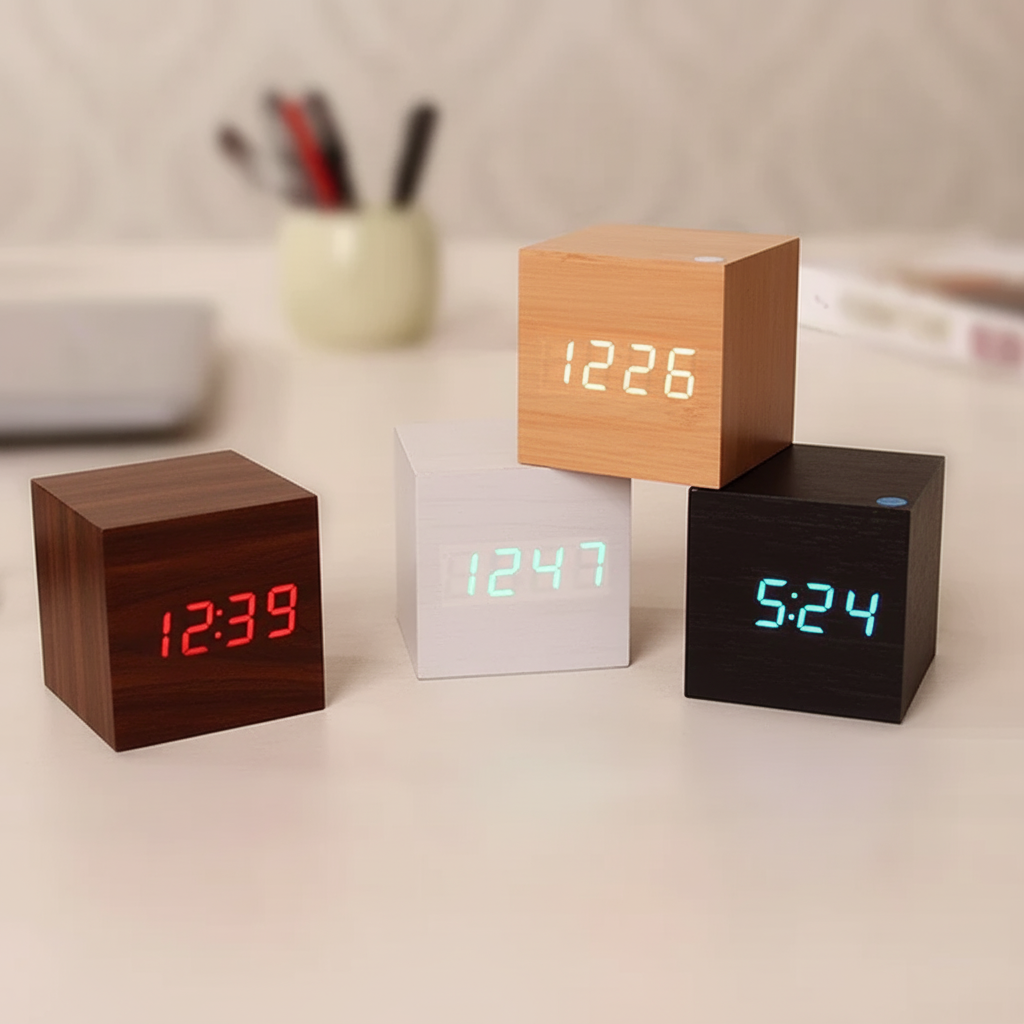 Digital Wooden Alarm Clock | Bright LED Display for Desk, Bedside and Shelf | USB or Battery Powered, Compact Design 1