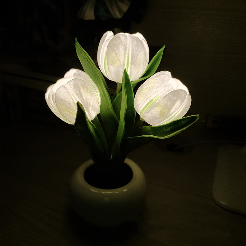 Mood Lighting Table Lamp Tulip Ceramic Pot USB Powered with Warm Glow