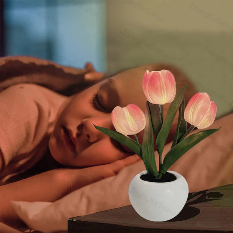 Mood Lighting Table Lamp Tulip Ceramic Pot USB Powered with Warm Glow