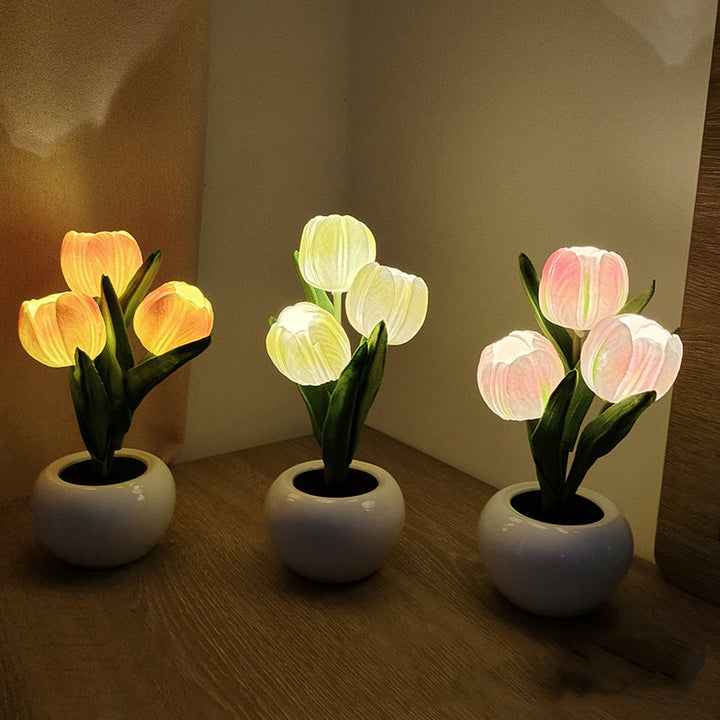 Mood Lighting Table Lamp Tulip Ceramic Pot USB Powered with Warm Glow