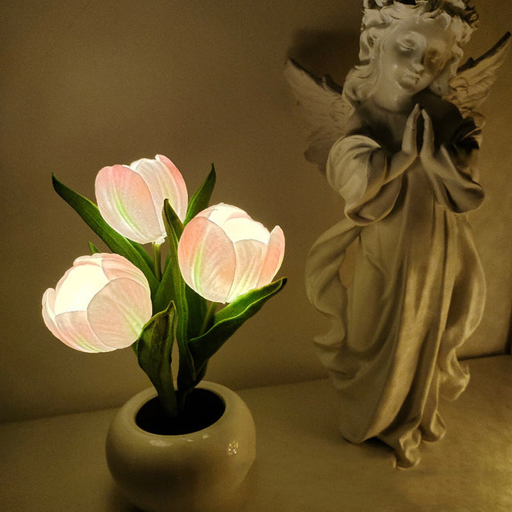 Mood Lighting Table Lamp Tulip Ceramic Pot USB Powered with Warm Glow