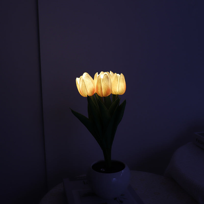 Mood Lighting Table Lamp Tulip Ceramic Pot USB Powered with Warm Glow