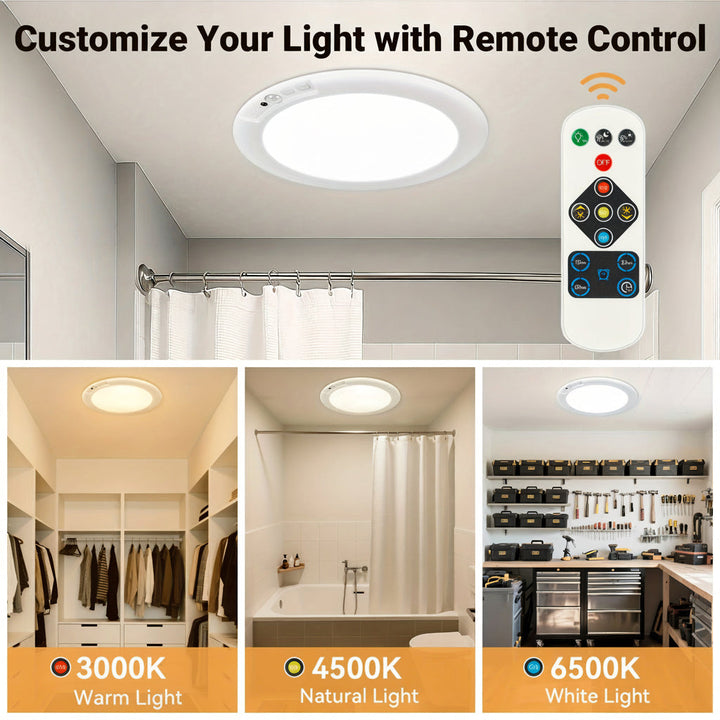 Motion Sensor Ceiling Light Rechargeable LED | Flush Mount Design with Remote Control | 10000mAh Battery, Wireless USB Charging
