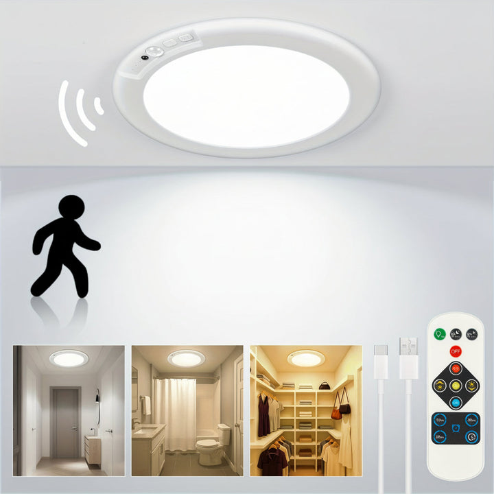 Motion Sensor Ceiling Light Rechargeable LED | Flush Mount Design with Remote Control | 10000mAh Battery, Wireless USB Charging