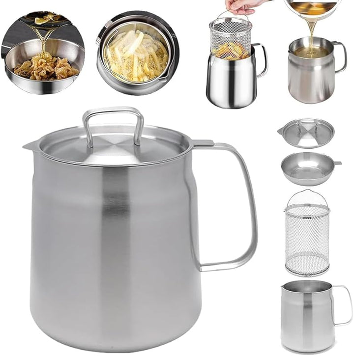 Oil Strainer Pot Stainless Steel | Integrated Filter Net Simplifies Frying and Straining | Reusable Cooking Oil, Less Waste