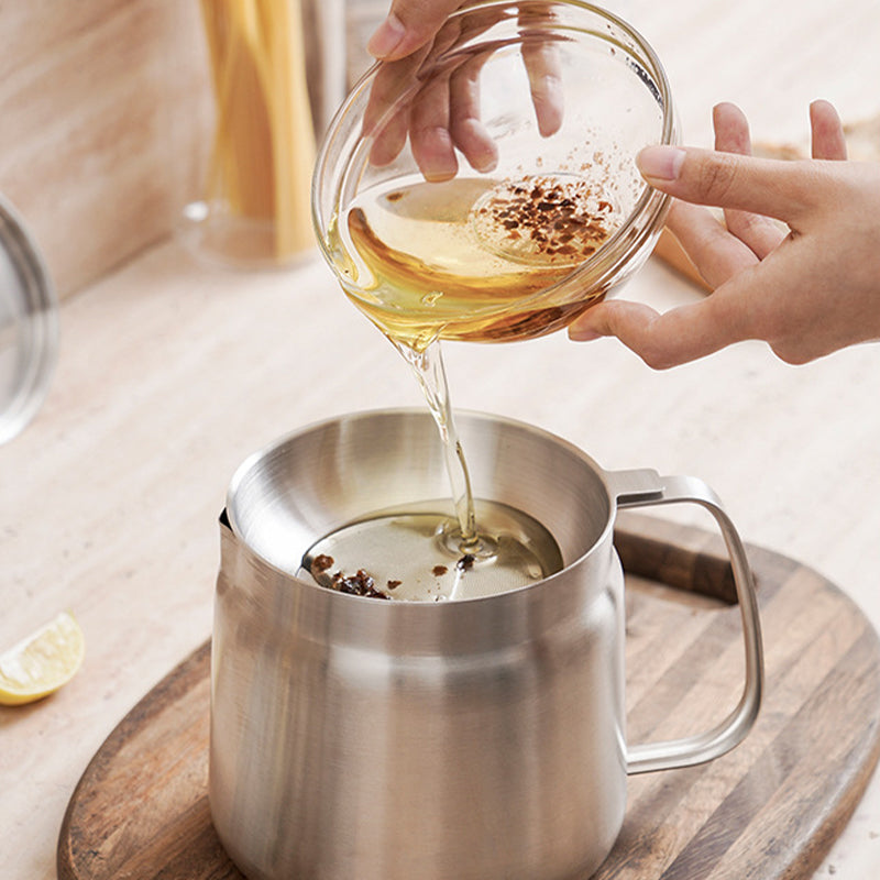 Oil Strainer Pot Stainless Steel | Integrated Filter Net Simplifies Frying and Straining | Reusable Cooking Oil, Less Waste