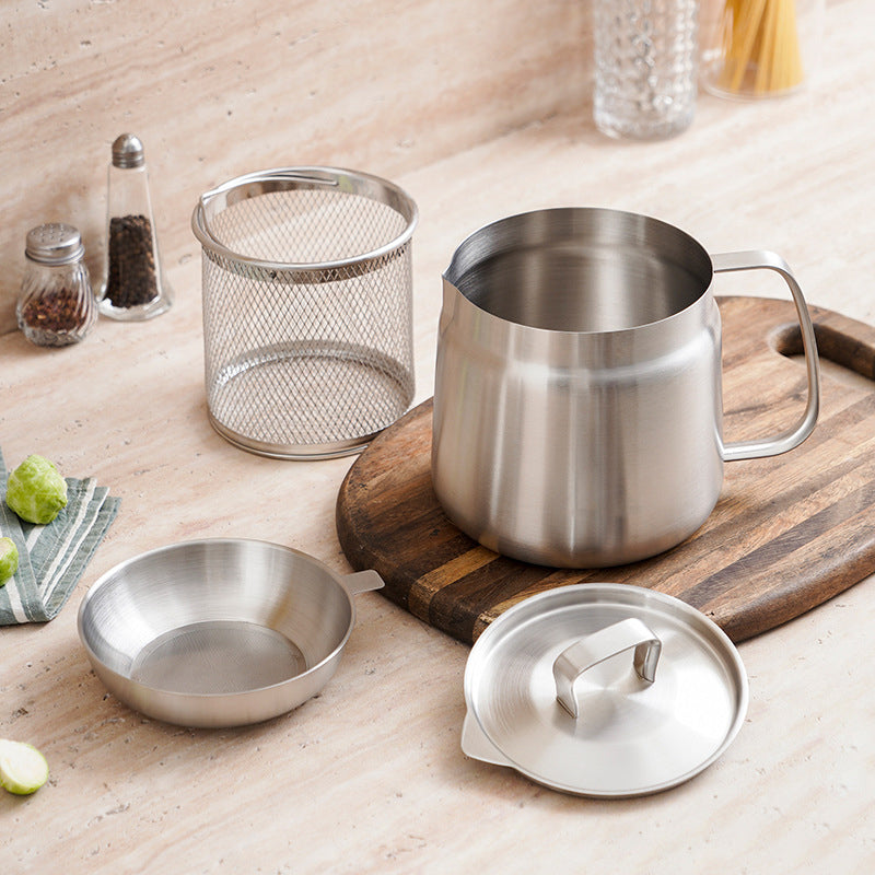 Oil Strainer Pot Stainless Steel | Integrated Filter Net Simplifies Frying and Straining | Reusable Cooking Oil, Less Waste
