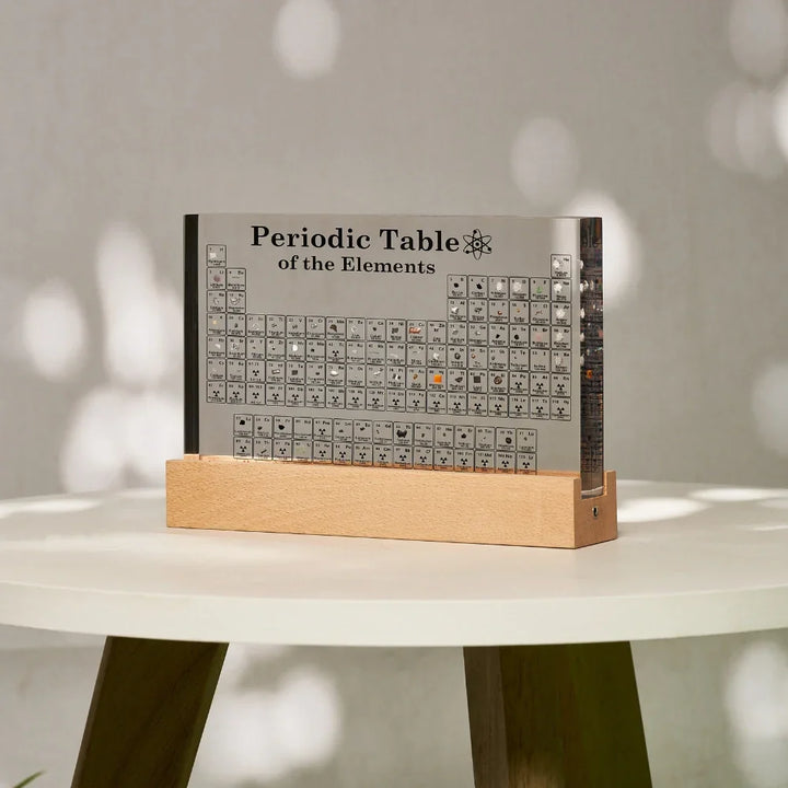 Periodic Table Lamp Acrylic with Wooden Base | 83 Real Element Samples in 3 Sizes | Warm White USB-Powered Glow