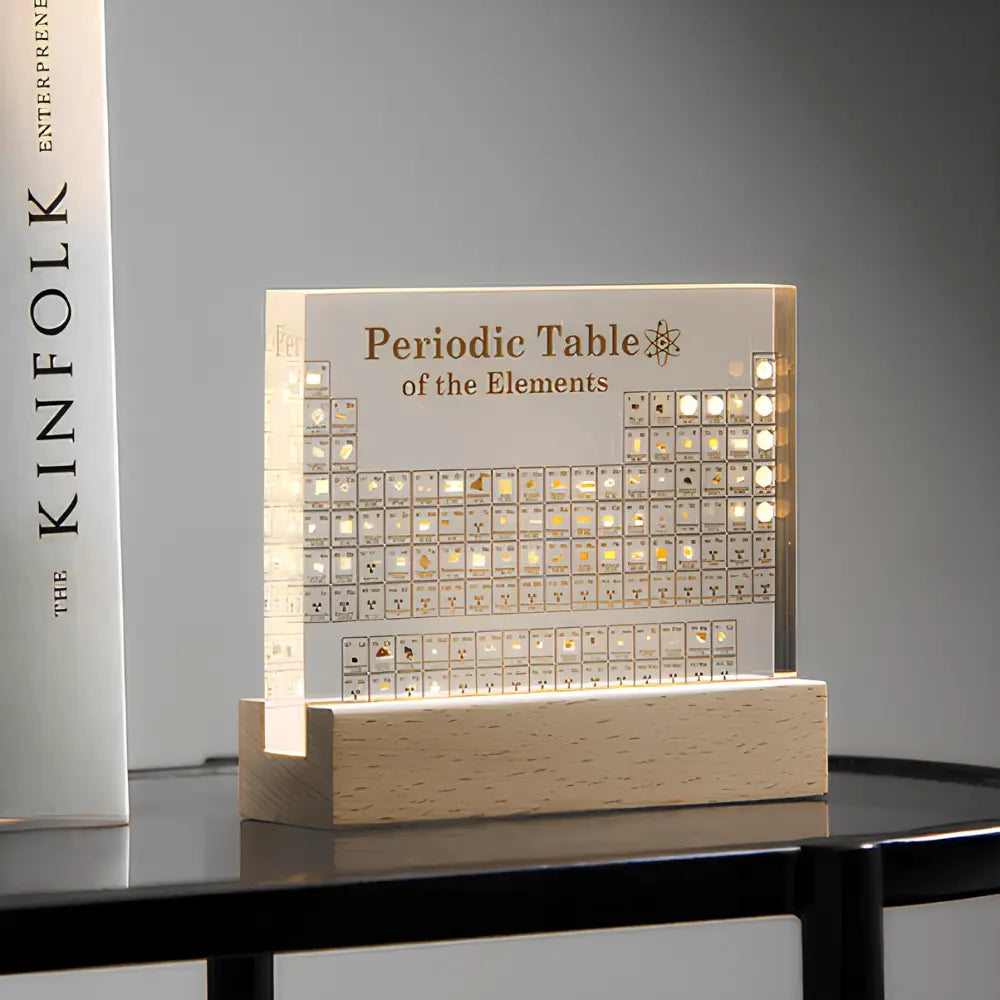 Periodic Table Lamp Acrylic with Wooden Base | 83 Real Element Samples in 3 Sizes | Warm White USB-Powered Glow