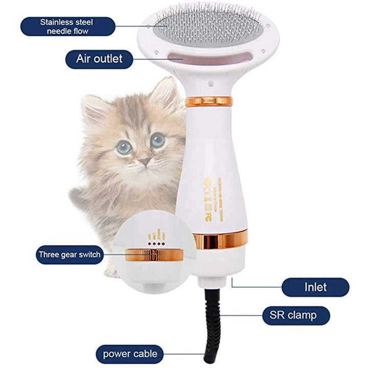 Pet Dryer Brush | Hot &amp; Cold Airflow with Stainless Steel Comb | Gentle 2in1 Grooming Tool for Cats and Small to Medium Dogs