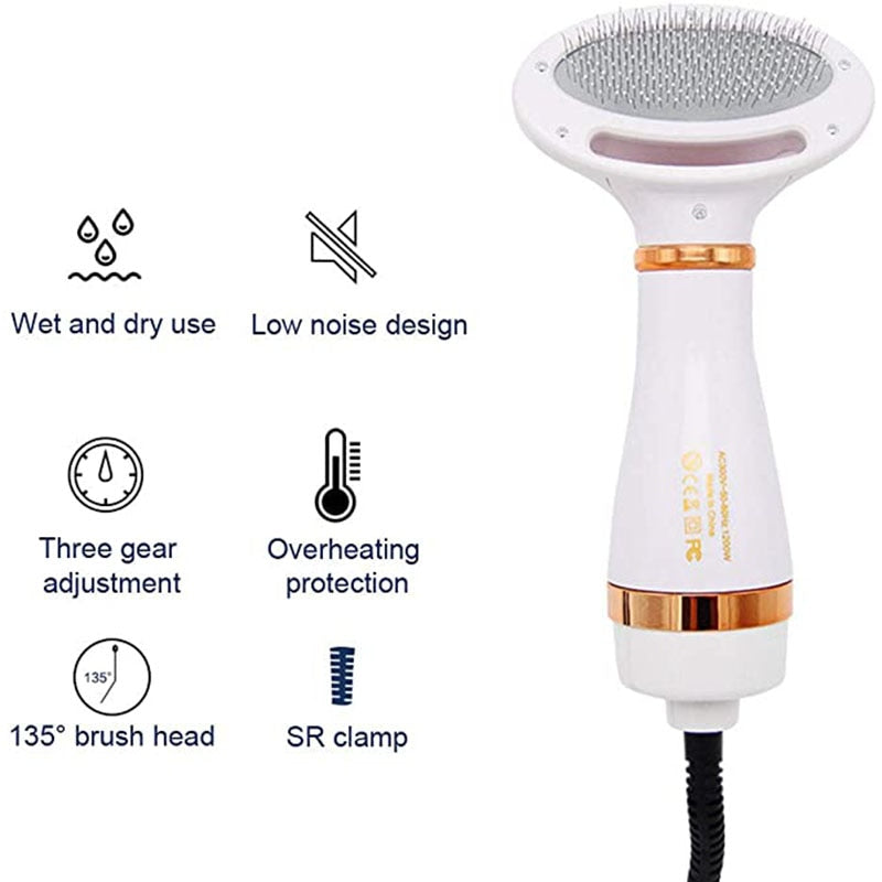 Pet Dryer Brush | Hot &amp; Cold Airflow with Stainless Steel Comb | Gentle 2in1 Grooming Tool for Cats and Small to Medium Dogs