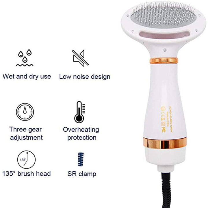 Pet Dryer Brush | Hot &amp; Cold Airflow with Stainless Steel Comb | Gentle 2in1 Grooming Tool for Cats and Small to Medium Dogs