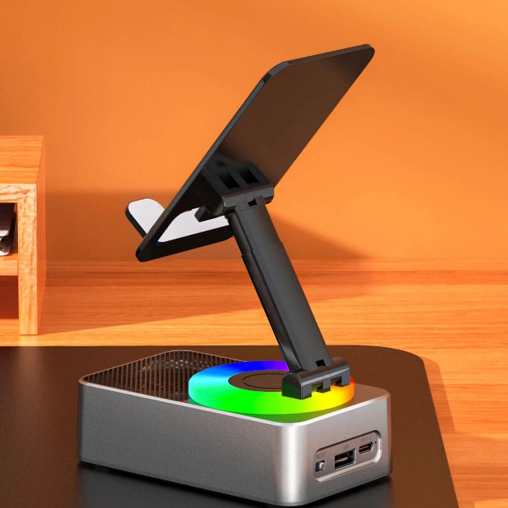 Phone Stand with Bluetooth Speaker | Adjustable Holder, BT5.0 Wireless Audio | Rechargeable 1500mAh Battery, Non-Slip Base