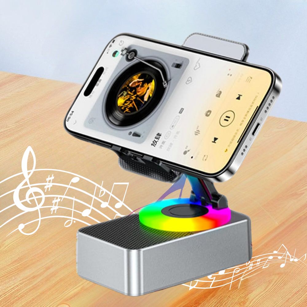 Phone Stand with Bluetooth Speaker | Adjustable Holder, BT5.0 Wireless Audio | Rechargeable 1500mAh Battery, Non-Slip Base