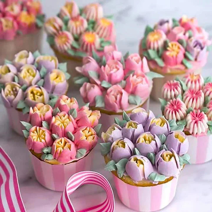 Piping Tips Set 12 Piece Stainless Steel | Tulip Shape with Silicone Bag &amp; Adapter | Reusable for Buttercream Cakes
