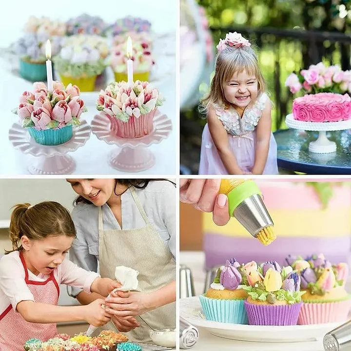 Piping Tips Set 12 Piece Stainless Steel | Tulip Shape with Silicone Bag &amp; Adapter | Reusable for Buttercream Cakes