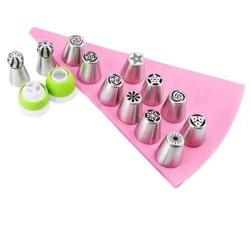 Piping Tips Set 12 Piece Stainless Steel | Tulip Shape with Silicone Bag &amp; Adapter | Reusable for Buttercream Cakes