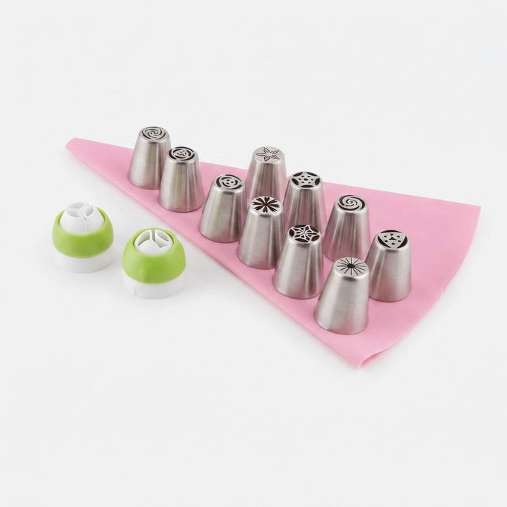 Piping Tips Set 12 Piece Stainless Steel | Tulip Shape with Silicone Bag &amp; Adapter | Reusable for Buttercream Cakes