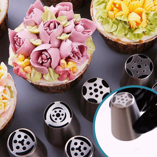 Piping Tips Set 12 Piece Stainless Steel | Tulip Shape with Silicone Bag &amp; Adapter | Reusable for Buttercream Cakes