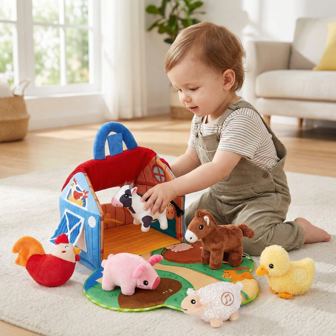 Plush Toy Farm Playset Foldout Play Mat Six Animals with Carry Handle