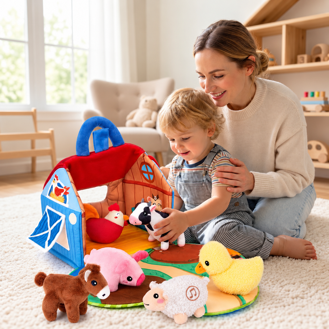 Plush Toy Farm Playset Foldout Play Mat Six Animals with Carry Handle