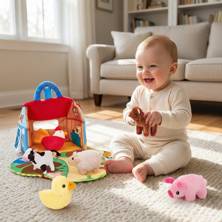Plush Toy Farm Playset Foldout Play Mat Six Animals with Carry Handle