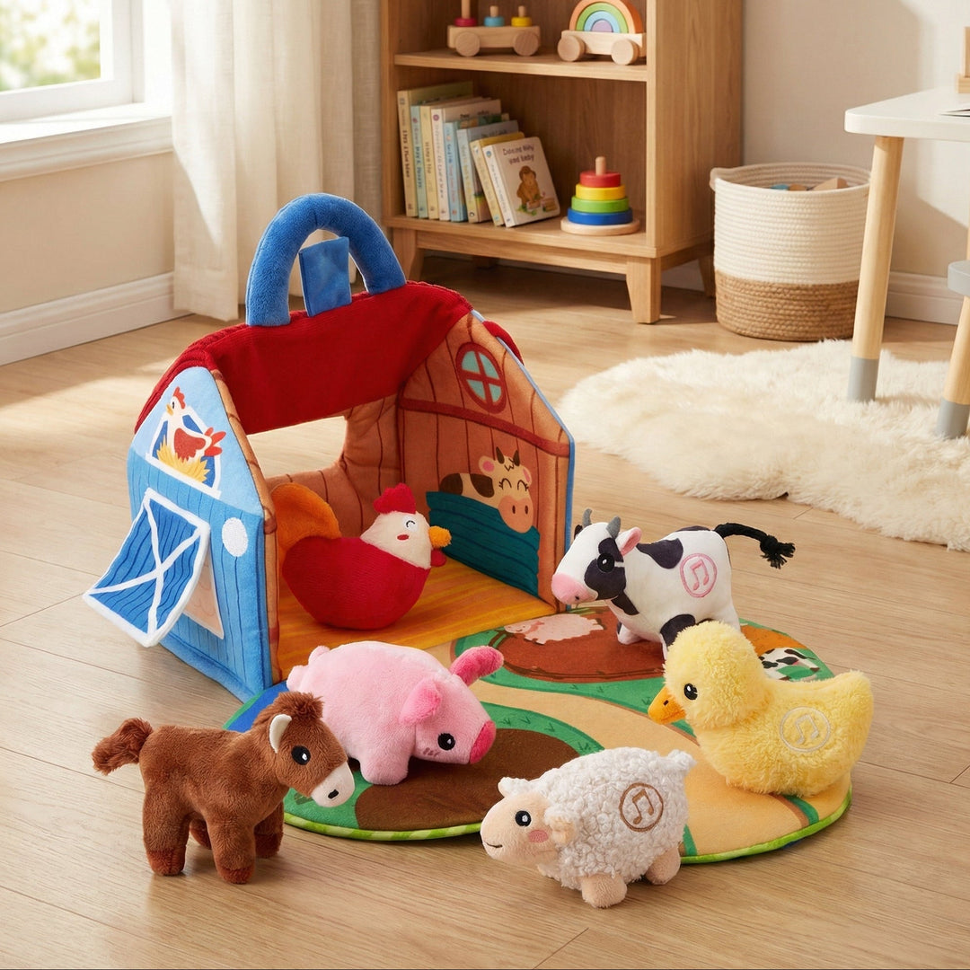 Plush Toy Farm Playset Foldout Play Mat Six Animals with Carry Handle