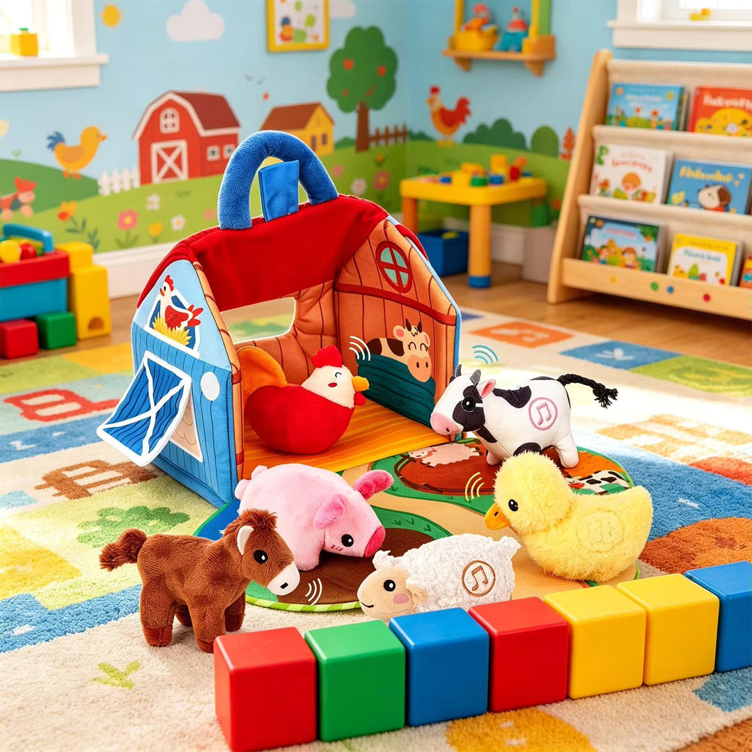 Plush Toy Farm Playset Foldout Play Mat Six Animals with Carry Handle
