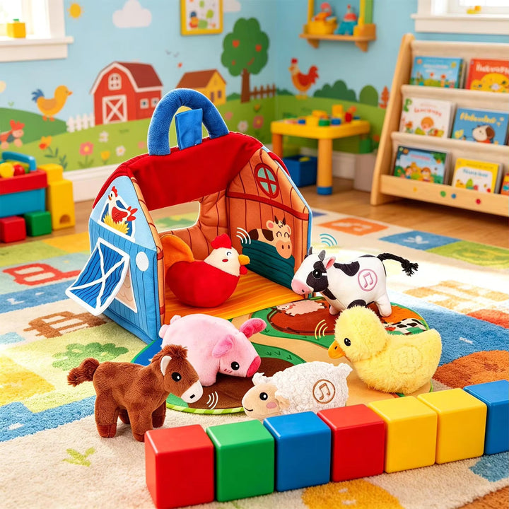 Plush Toy Farm Playset Foldout Play Mat Six Animals with Carry Handle