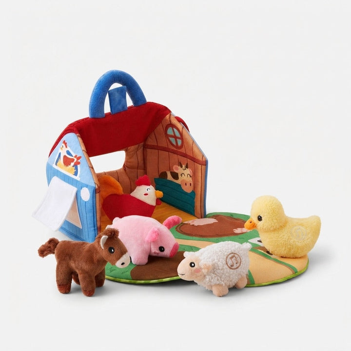 Plush Toy Farm Playset Foldout Play Mat Six Animals with Carry Handle