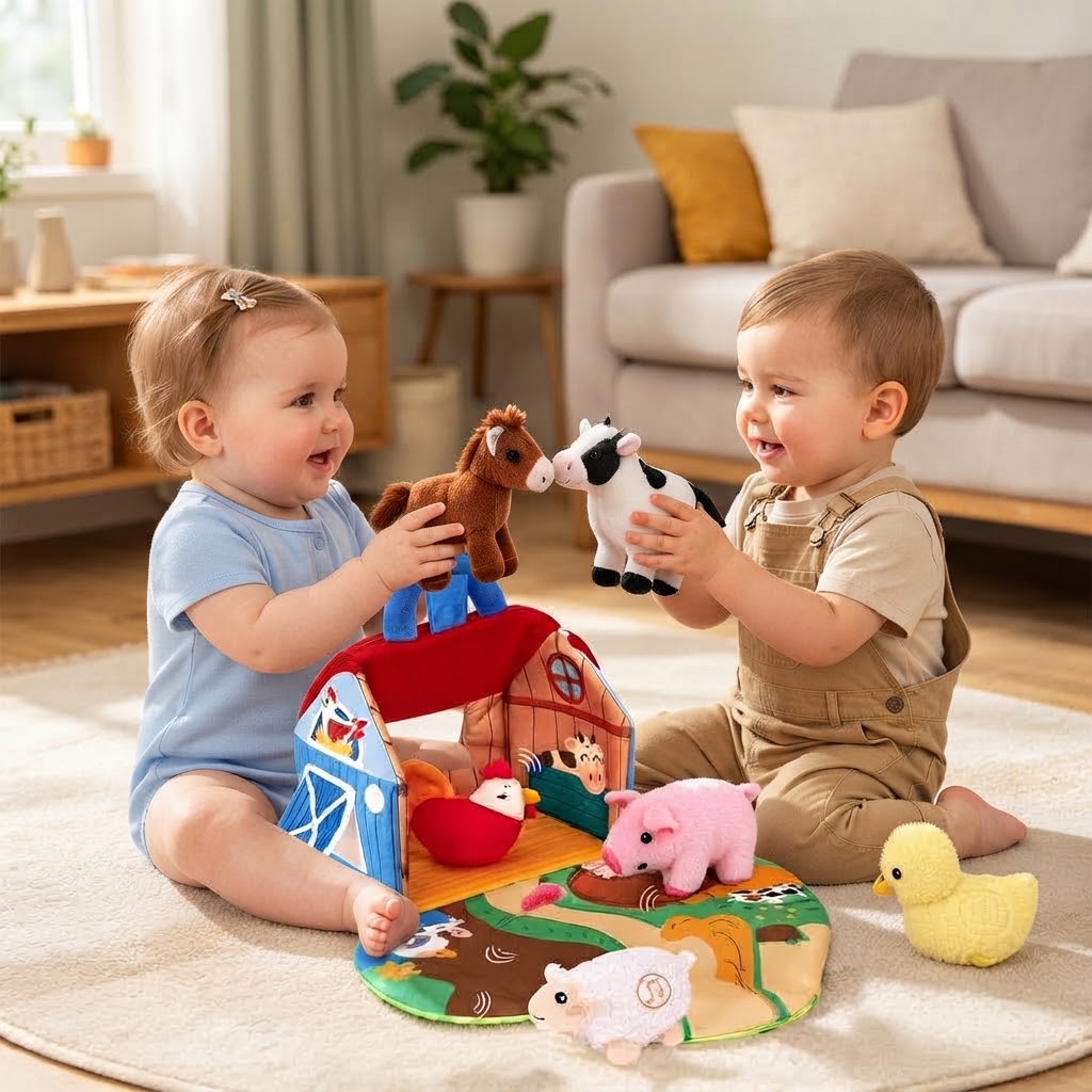 Plush Toy Farm Playset Foldout Play Mat Six Animals with Carry Handle