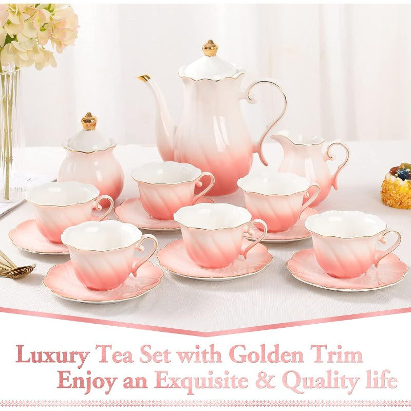 Porcelain Tea Set for Women 22-Piece | Floral Design with Gold Trim | Teapot, Cups, Saucers & Serving Tray for 6
