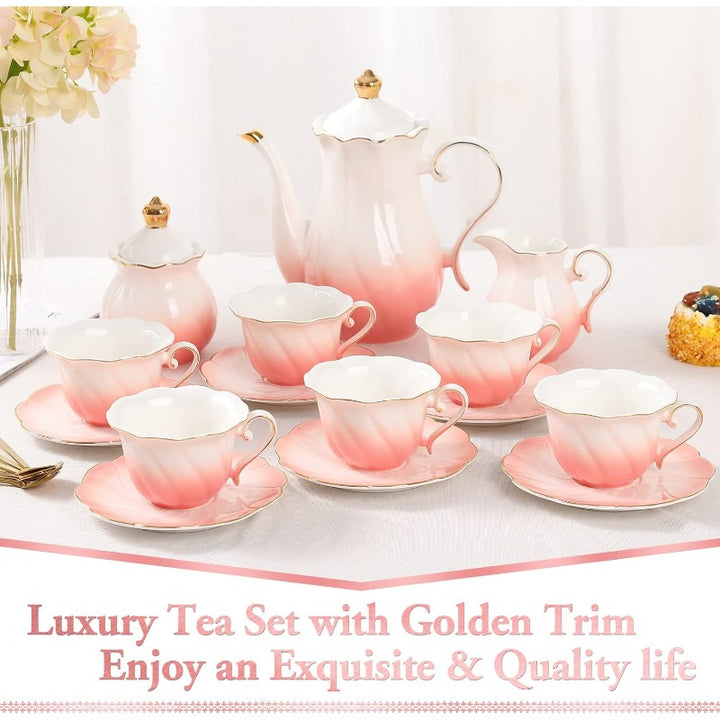 Porcelain Tea Set for Women 22-Piece | Floral Design with Gold Trim | Teapot, Cups, Saucers &amp; Serving Tray for 6