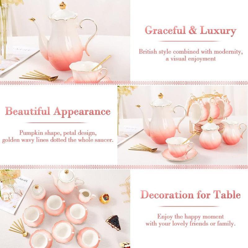 Porcelain Tea Set for Women 22-Piece | Floral Design with Gold Trim | Teapot, Cups, Saucers &amp; Serving Tray for 6