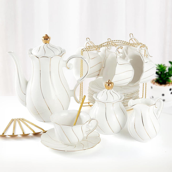 Porcelain Tea Set for Women 22-Piece | Floral Design with Gold Trim | Teapot, Cups, Saucers &amp; Serving Tray for 6