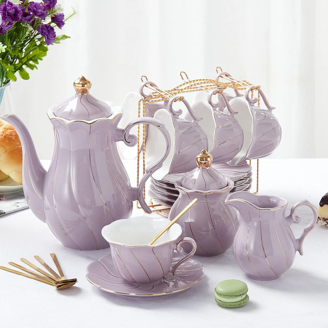 Porcelain Tea Set for Women 22-Piece | Floral Design with Gold Trim | Teapot, Cups, Saucers &amp; Serving Tray for 6