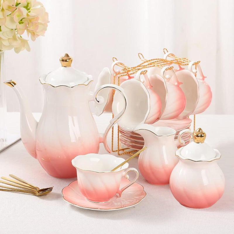 Porcelain Tea Set for Women 22-Piece | Floral Design with Gold Trim | Teapot, Cups, Saucers & Serving Tray for 6