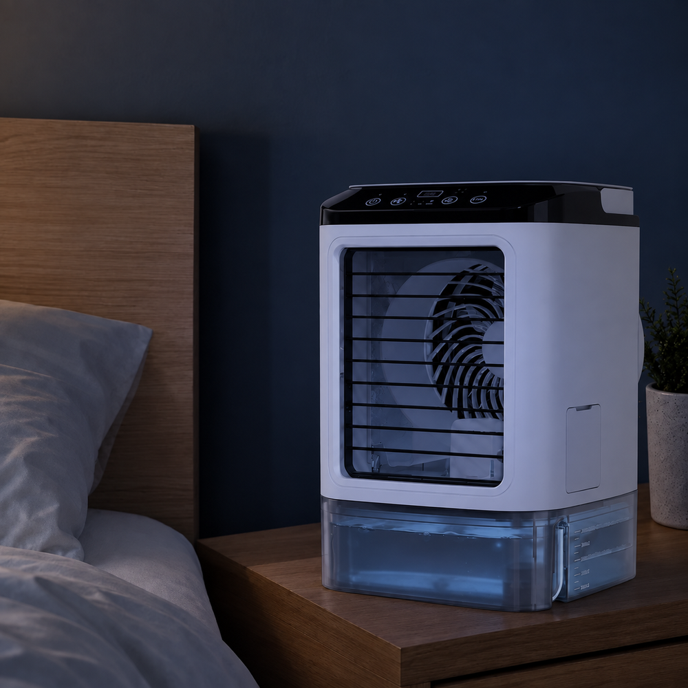 Portable Air Cooler with Ultrasonic Mist Cooling | 3-Speed Fan, Swing Blades | 900ml Tank, LED Night Light, Quiet Motor